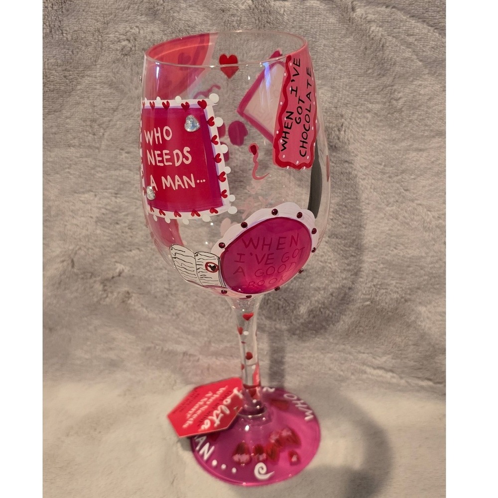 Lolita Who Needs A Man Hand Painted Wine Glass with Recipe and Gift Box Pink Red - Picture 4 of 7